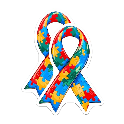 (2 Pack) Autism Awareness Ribbon Stickers - Puzzle Piece Design - Support Autism Spectrum Disorders - 5" On Longest Side - Sticks to Smooth Flat Surfaces - Made in USA - BMCS9623