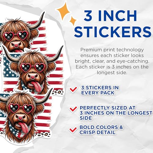 (3 Pack) Highland Cow Decals - American Flag - Funny Cow Decals - 3 Inches On Longest Side - Easy Peel & Apply - Made in USA - 3MCS0973