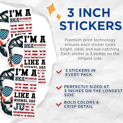 (3 Pack) Bearded Dad Decals - USA Flag Sunglasses - Better Than Normal Dad - 3 Inches On Longest Side - Easy Peel & Apply - Made in USA - 3MCS6239