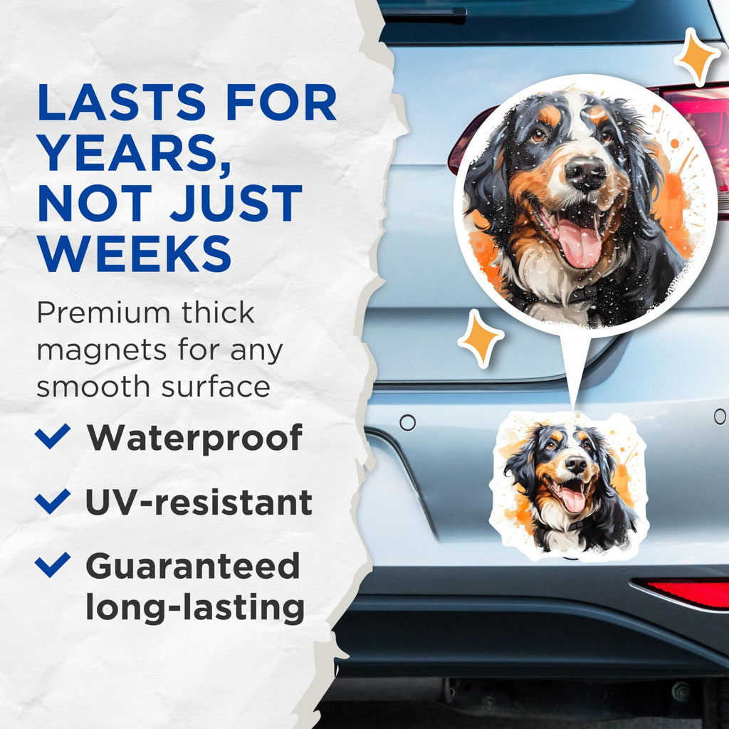 (2 Pack) Bernese Mountain Dog Magnets - Happy Berner Art - Pet Lover Owner Decor - 5 Inches On Longest Side - Thick Durable Magnet - Made in USA - MAG28834