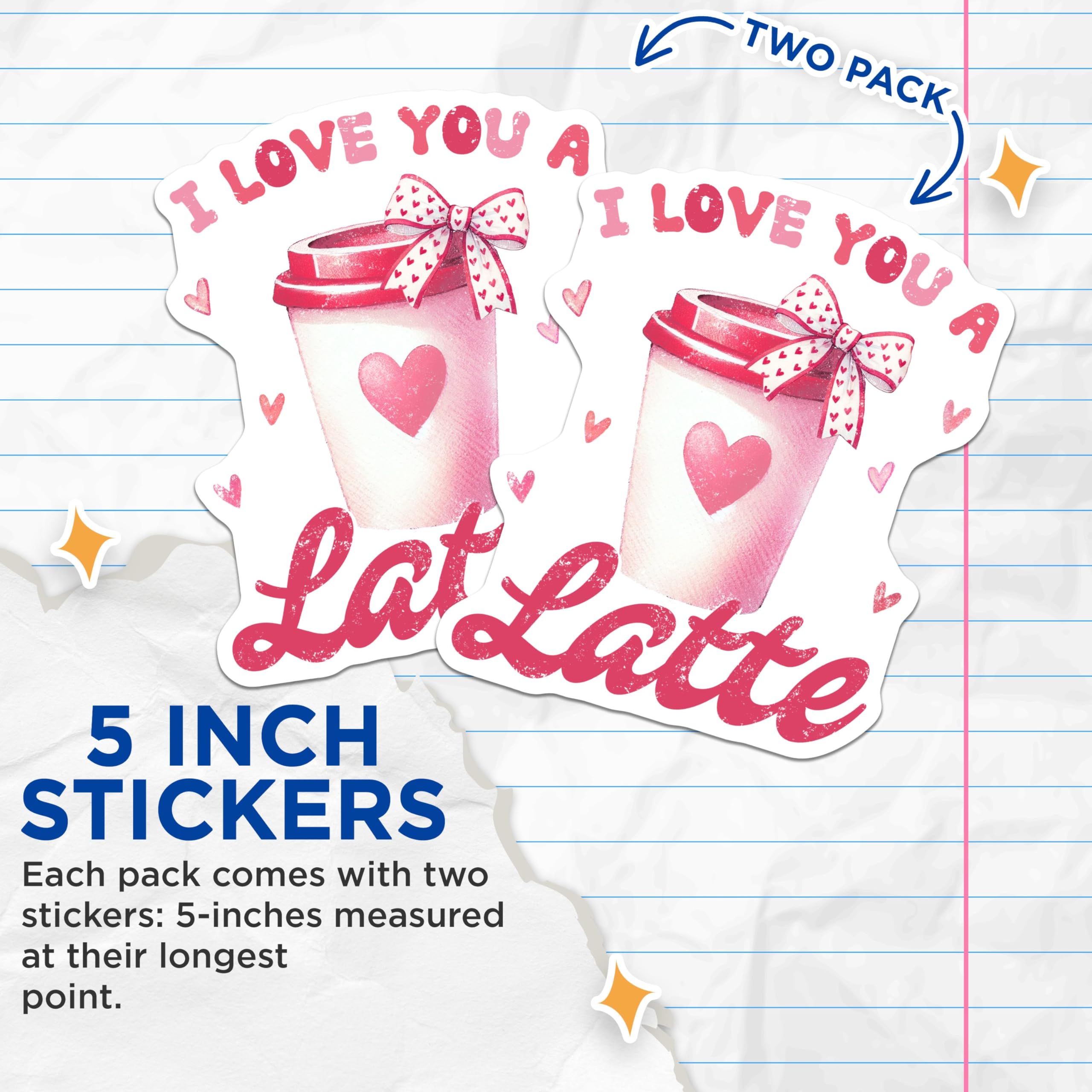 (2 Pack) I Love You A Latte Stickers - Cute Coffee Stickers - Adorable Heart Stickers - 5" On Longest Side - Sticks to Any Smooth Flat Surface - Made in USA - BMCS3498