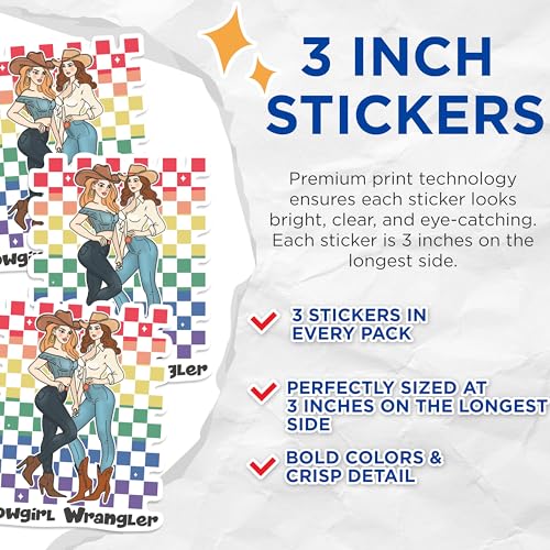 (3 Pack) Cowgirl Wrangler Decals - Western Decal - Country Girl Laptop Decal - 3 Inches On Longest Side - Easy Peel & Apply - Made in USA - 3MCS0880