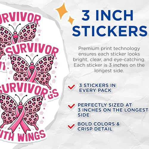 (3 Pack) Breast Cancer Decals - Survivor with Wings Decal - Leopard Butterfly Decal - 3 Inches On Longest Side - Easy Peel & Apply - Made in USA - 3MCS4575