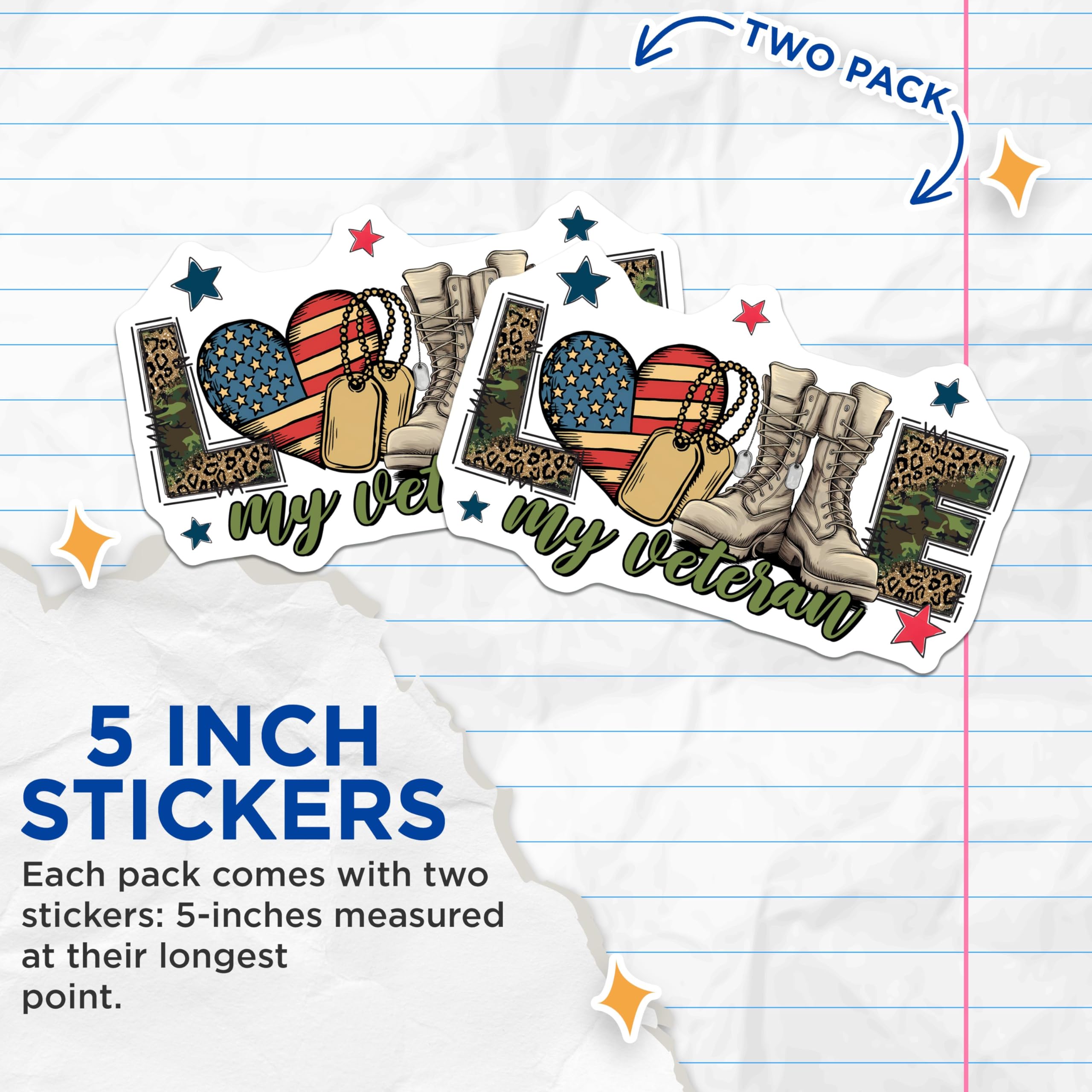 (2 Pack) Patriotic Love My Veteran Stickers - Military Tribute - Armed Forces Support Decals - 5" On Longest Side - Sticks to Smooth Flat Surfaces - Made in USA - BMCS8361