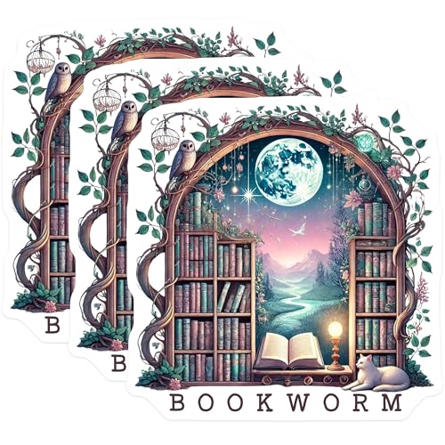 (3 Pack) Bookworm Decals - Fantasy Bookshelf - Owl and Cat - Moonlit Landscape- 3 Inches On Longest Side - Easy Peel & Apply - Made in USA - 3MCS5829