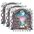 (3 Pack) Bookworm Decals - Fantasy Bookshelf - Owl and Cat - Moonlit Landscape- 3 Inches On Longest Side - Easy Peel & Apply - Made in USA - 3MCS5829
