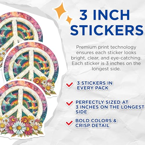 (3 Pack) Peace Sign Decals - Rainbow Laptop Decals - Flower Decal - 3 Inches On Longest Side - Easy Peel & Apply - Made in USA - 3MCS4914