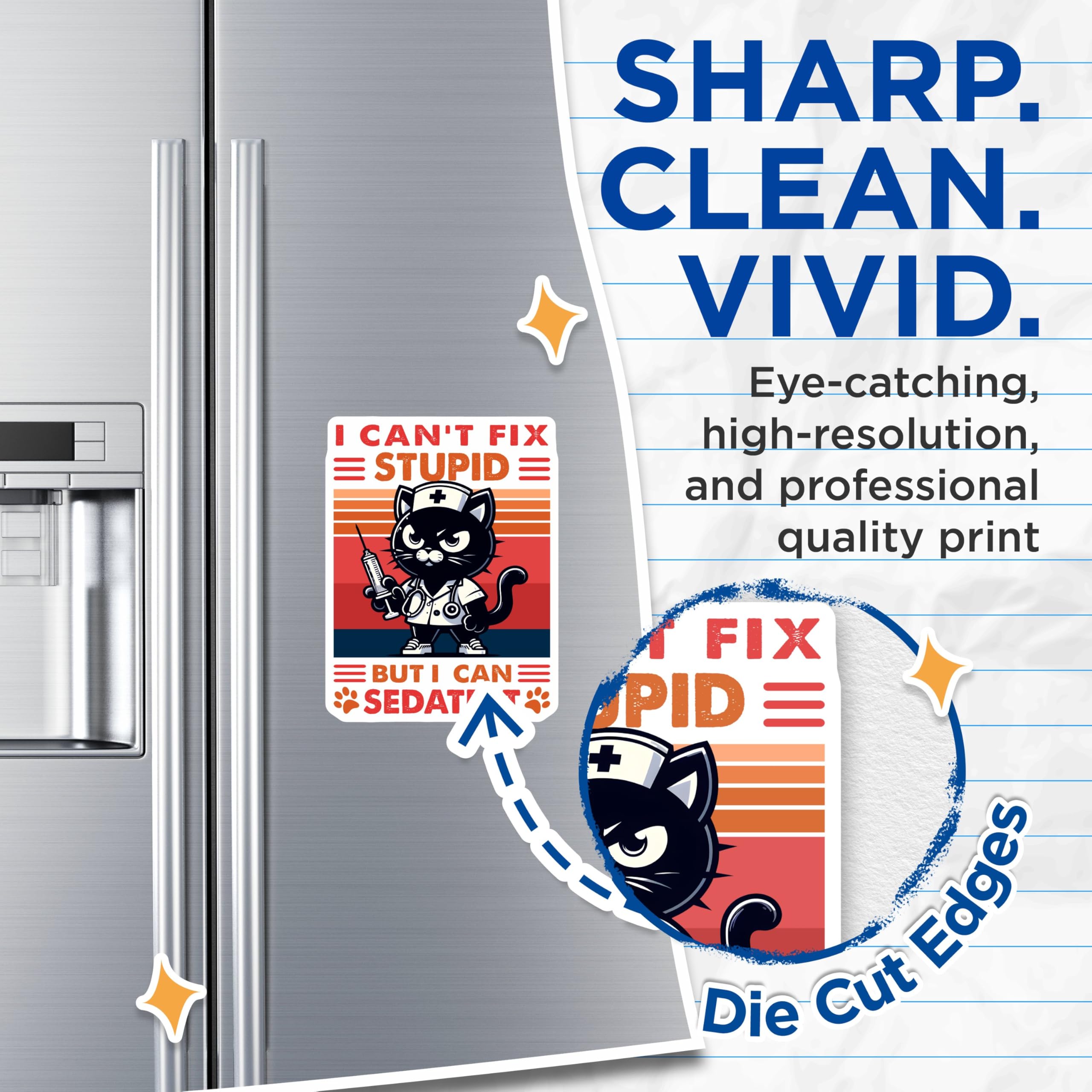 (2 Pack) Funny Cat Nurse Magnets - I Can't Fix Stupid But I Can Sedate It - Gift for Nurses - 5" On Longest Side - for Cars, Fridges, Toolboxes - Made in USA - MAG7373