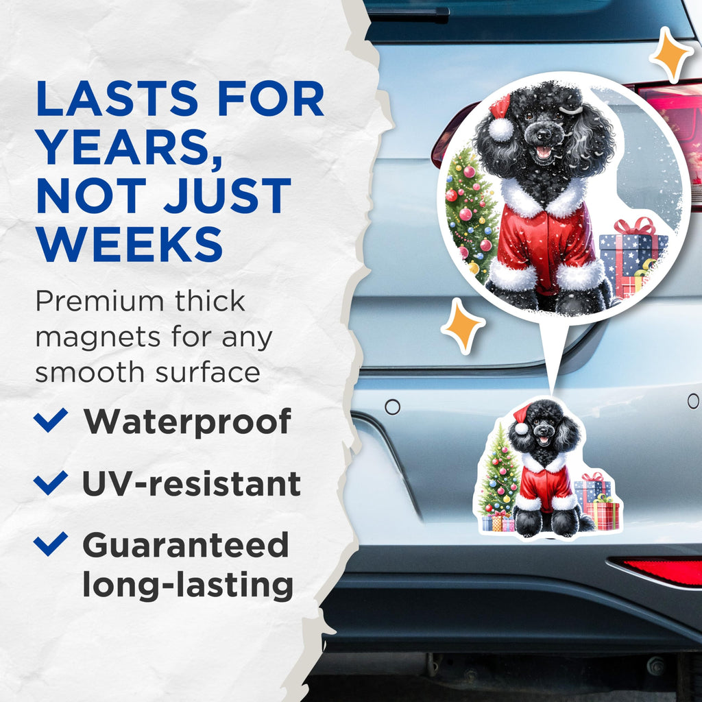 (2 Pack) Black Poodle Christmas Magnets - Santa Dog Holiday Decor - Pet Lover Fridge Accessory - 5 Inches On Longest Side - Thick Durable Magnet - Made in USA - MAG26198