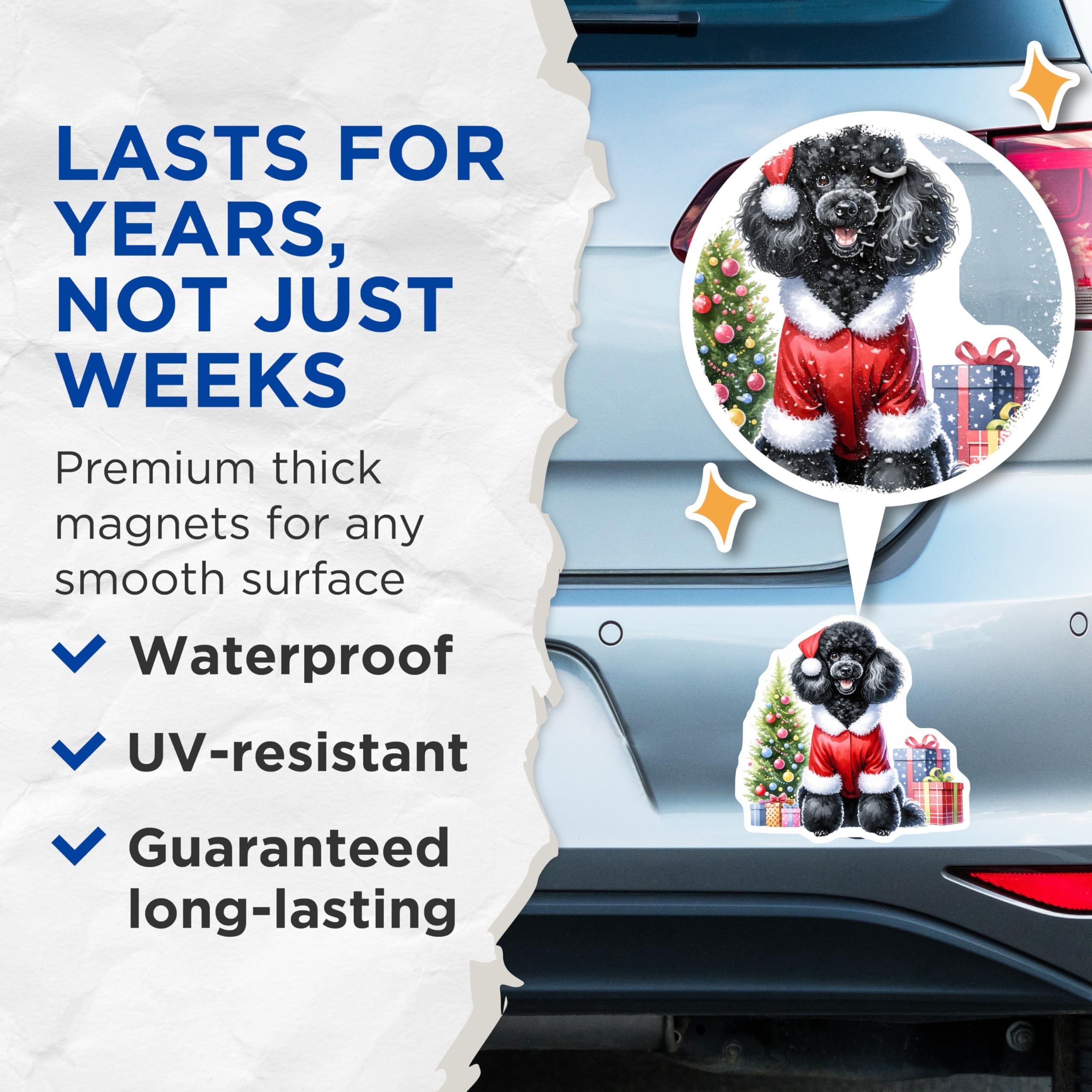 (2 Pack) Black Poodle Christmas Magnets - Santa Dog Holiday Decor - Pet Lover Fridge Accessory - 5 Inches On Longest Side - Thick Durable Magnet - Made in USA - MAG26198