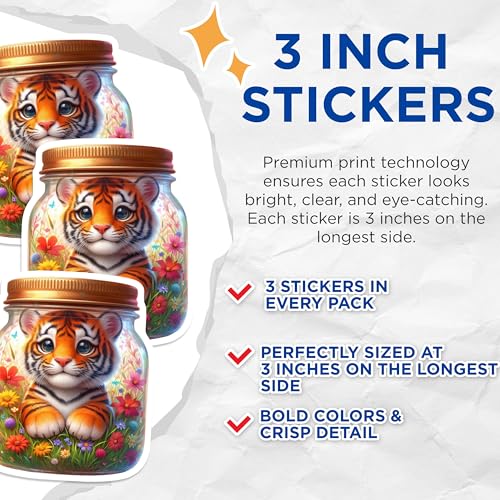 (3 Pack) Tiger Cub Decals - Flowers in Jar - Laptop Decal - Cute Animal - 3 Inches On Longest Side - Easy Peel & Apply - Made in USA - 3MCS8142