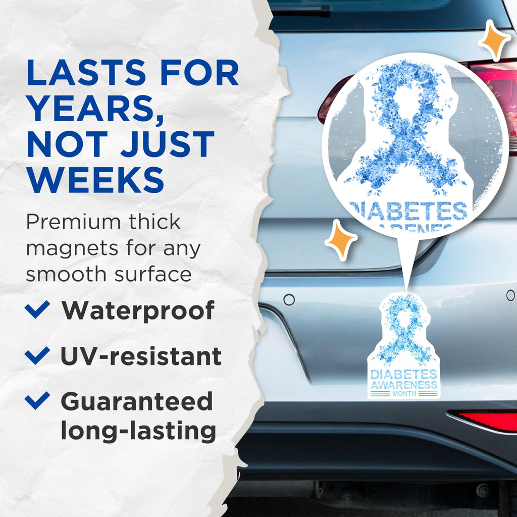 (2 Pack) Diabetes Awareness Magnets - Floral Blue Ribbon - Awareness Month Magnet - 5" On Longest Side - Premium Magnet - for Cars, Refrigerators, Toolboxes, Lockers - Made in USA - MAG17019