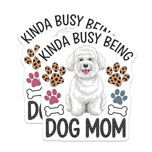 (2 Pack) Dog Mom Stickers - Kinda Busy Being Dog Mom - Paw Print Dog Stickers - 5" On Longest Side - Sticks to Smooth Flat Surfaces - Made in USA - BMCS6503