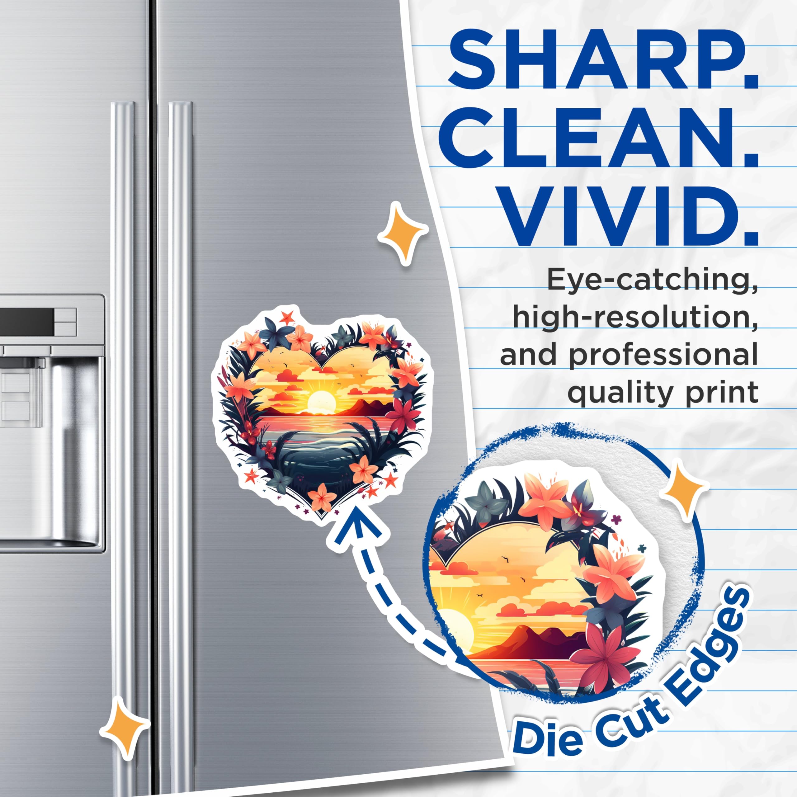 (2 Pack) Tropical Sunset Ocean Scene Magnets - Heart Shaped Floral Jungle Decor - Vibrant Beach Paradise Landscape Art - 5 Inches On Longest Side - Thick Durable Magnet - Made in USA - MAG19645
