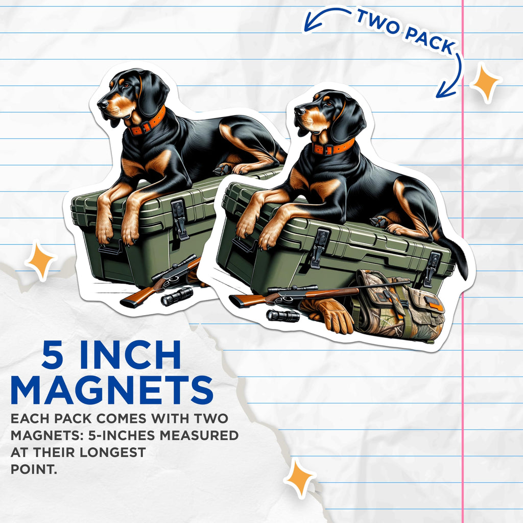 (2 Pack) Black Tan Coonhound Magnets - Hunting Dog Outdoors K9 Enthusiast - Sportsman Rifle Gear Camo Display for Hunters - 5 Inches On Longest Side - Thick Durable Magnet - Made in USA - MAG19541