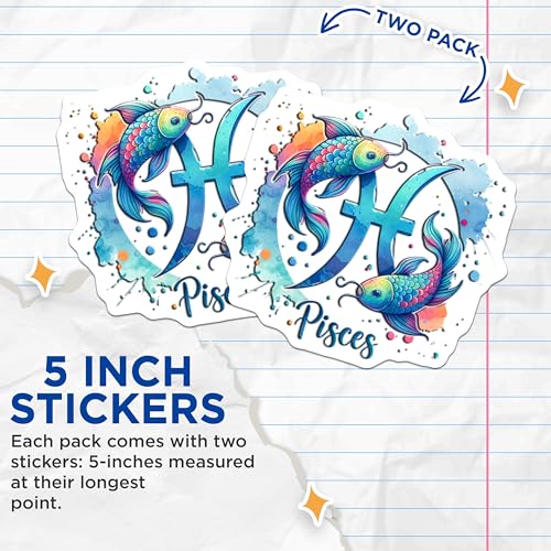 (2 Pack) Pisces Zodiac Sign Stickers - Watercolor Pisces Art - Astrology Fish Stickers - Horoscope Decal - 5" On Longest Side - Sticks to Smooth Flat Surfaces - Made in USA - BMCS7022
