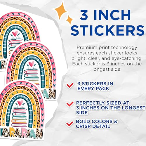 (3 Pack) Librarian Rainbow Decals - Book Lover - Reading Decal - 3 Inches On Longest Side - Easy Peel & Apply - Made in USA - 3MCS2502