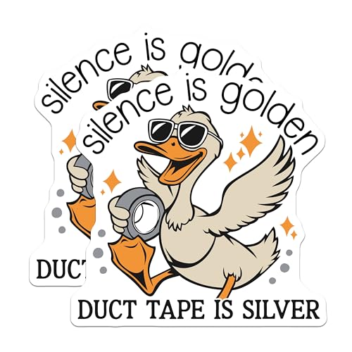 (2 Pack) Silence is Golden Stickers - Funny Duck Stickers - Duct Tape is Silver Stickers - 5" On Longest Side - Sticks to Smooth Flat Surfaces - Made in USA - BMCS4672
