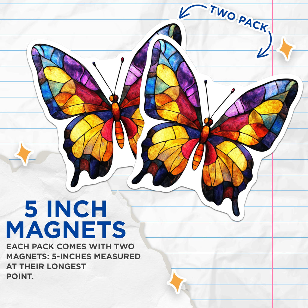 (2 Pack) Stained Glass Butterfly Magnets - Vibrant Fridge Decor - Artistic Locker Accessory for Home - 5 Inches On Longest Side - Thick Durable Magnet - Made in USA - MAG27325