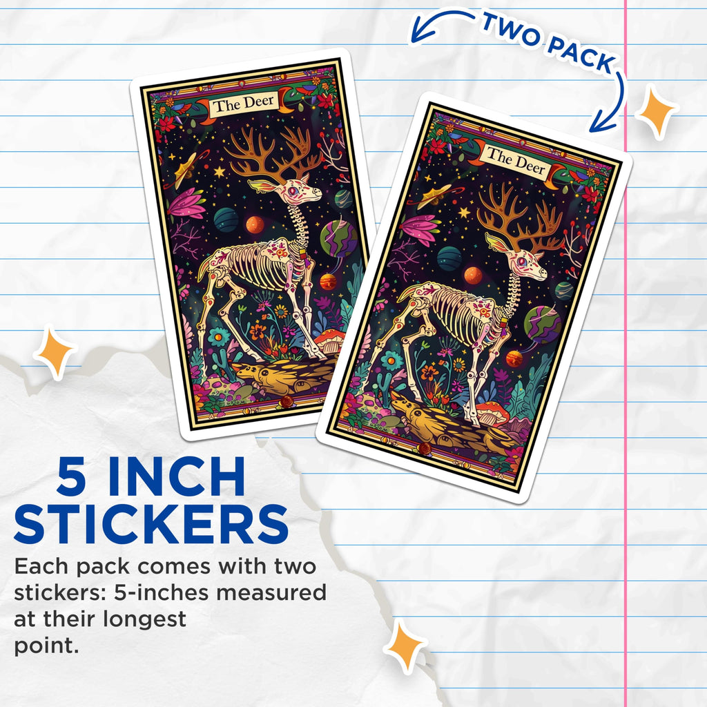 (2 Pack) The Deer Skeleton Stickers - Colorful Animal Artwork Stickers - Vibrant Cosmic Design Stickers - 5" On Longest Side - Sticks to Smooth Flat Surfaces - Made in USA - BMCS3654