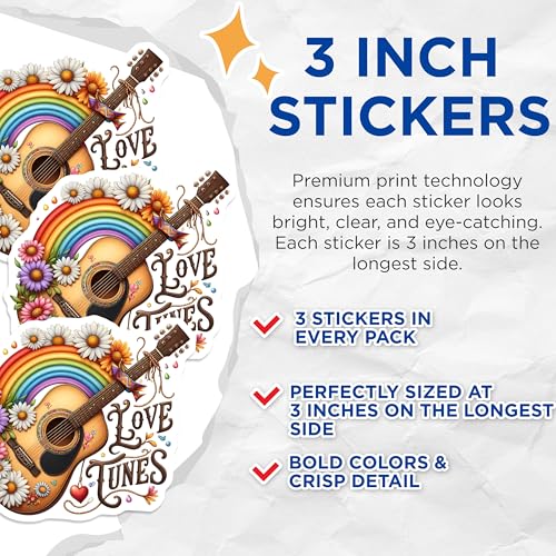 (3 Pack) Guitar Rainbow Decals - Flower Power Music - Love Tunes Stickers - 3 Inches On Longest Side - Easy Peel & Apply - Made in USA - 3MCS4910