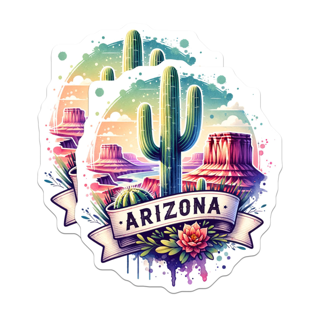 (2 Pack) Arizona Stickers - Cactus Art - Desert Landscape Stickers - 5" On Longest Side - Sticks to Smooth Flat Surfaces - Made in USA - BMCS6821