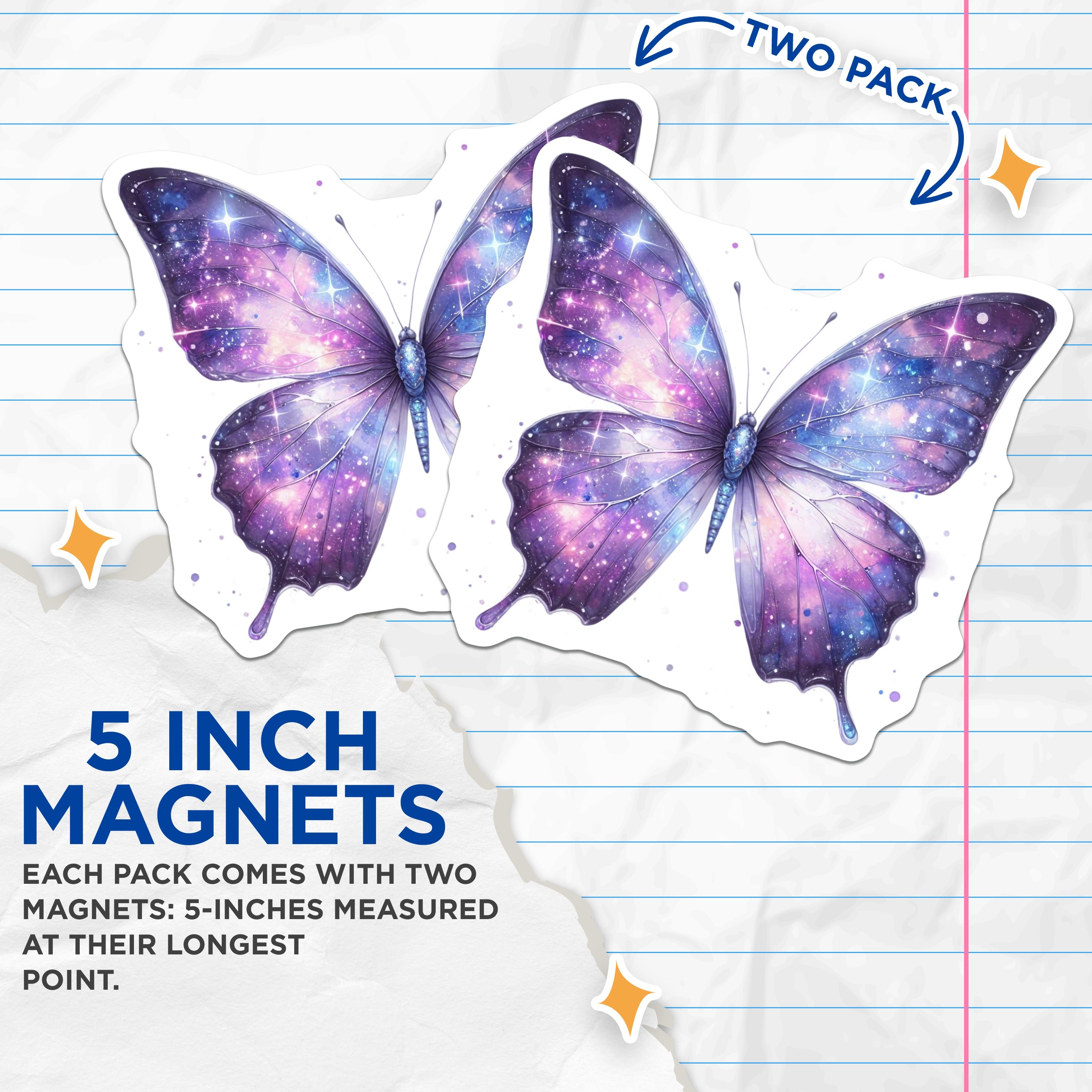 (2 Pack) Galaxy Butterfly Magnets - Celestial Space Decor - Purple Butterfly Aesthetic - 5 Inches On Longest Side - Thick Durable Magnet - Made in USA - MAG36267