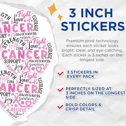 (3 Pack) Breast Cancer Awareness Decals - Survivor Support - Pink Ribbon Hope Decal - 3 Inches On Longest Side - Easy Peel & Apply - Made in USA - 3MCS1316