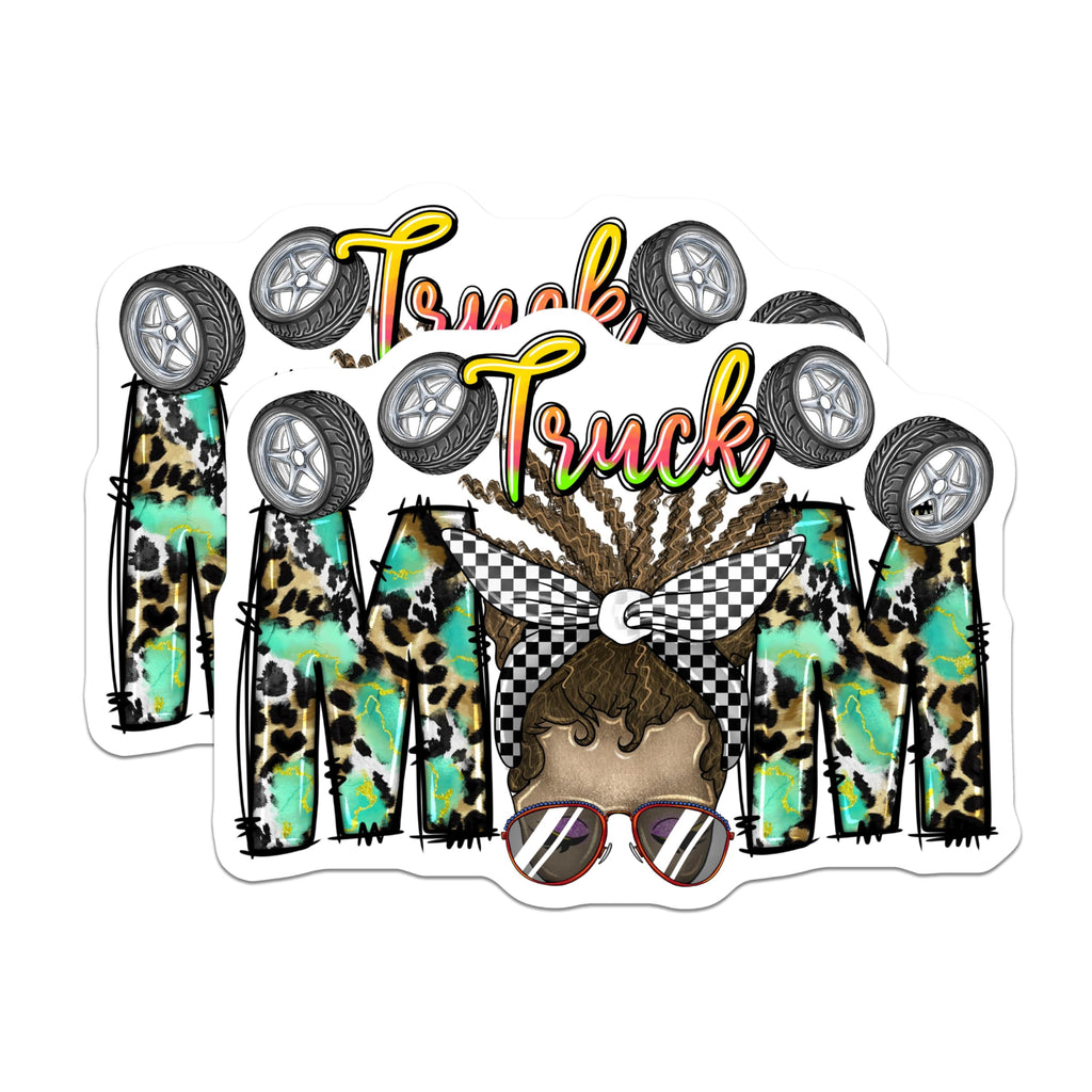 (2 Pack) Truck Mom Magnets - Messy Bun Racing Mama - Leopard Print Auto Accessories - 5 Inches On Longest Side - Thick Durable Magnet - Made in USA - MAG30055