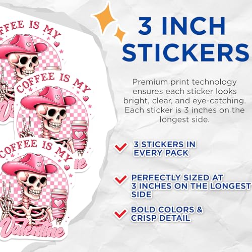 (3 Pack) Coffee is My Valentine Decals - Pink Skeleton Cowboy - Laptop Decal - 3 Inches On Longest Side - Easy Peel & Apply - Made in USA - 3MCS8527