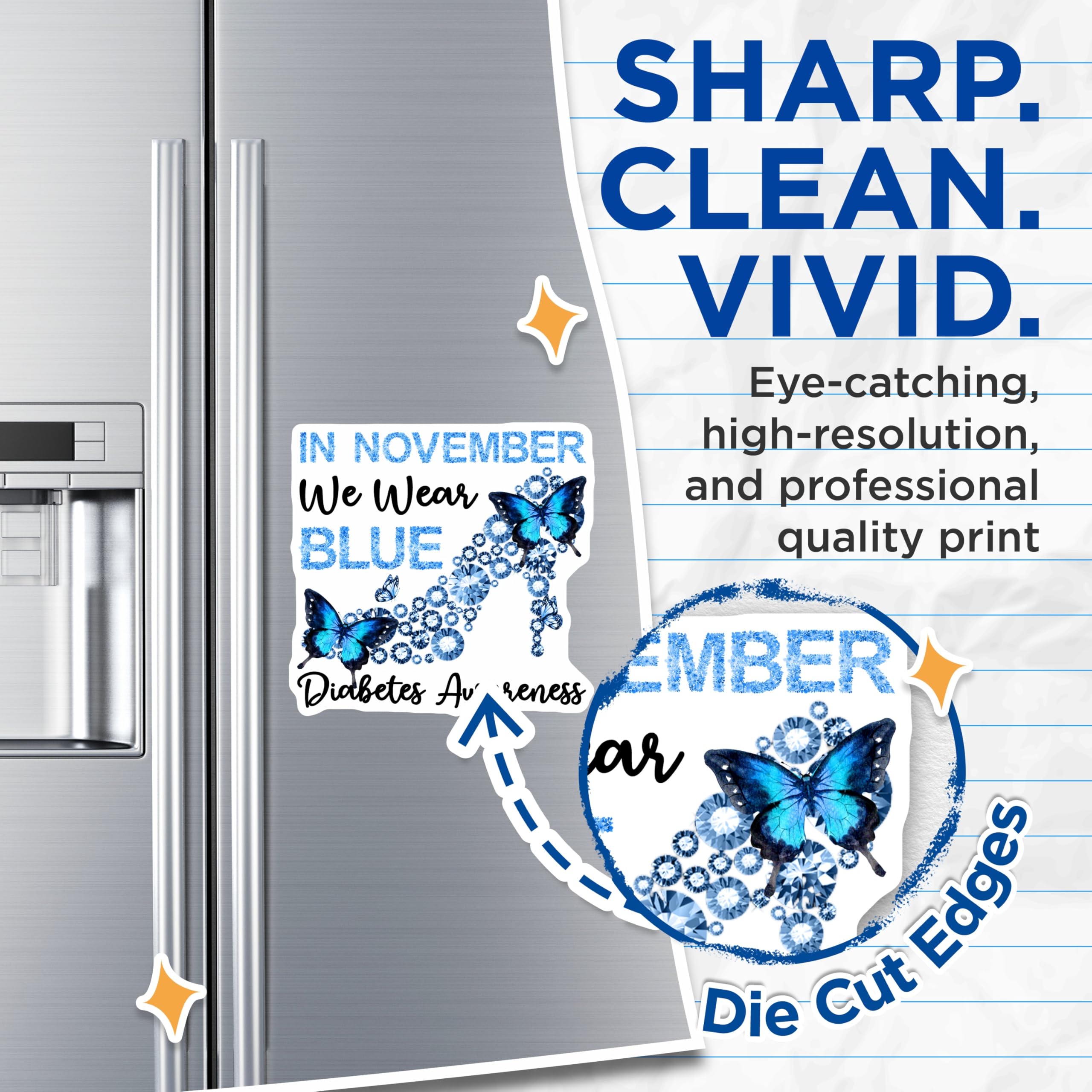 (2 Pack) Diabetes Awareness Magnets - Blue Butterfly Magnets - November Awareness Ribbon - 5" On Longest Side - Premium Magnet - for Cars, Refrigerators, Toolboxes, Lockers - Made in USA - MAG17076