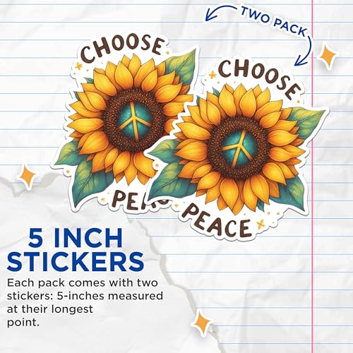 (2 Pack) Choose Peace Stickers - Sunflower Peace Sign Stickers - Positive Message Stickers - 5" On Longest Side - Sticks to Any Smooth Flat Surface - Made in USA - BMCS2559