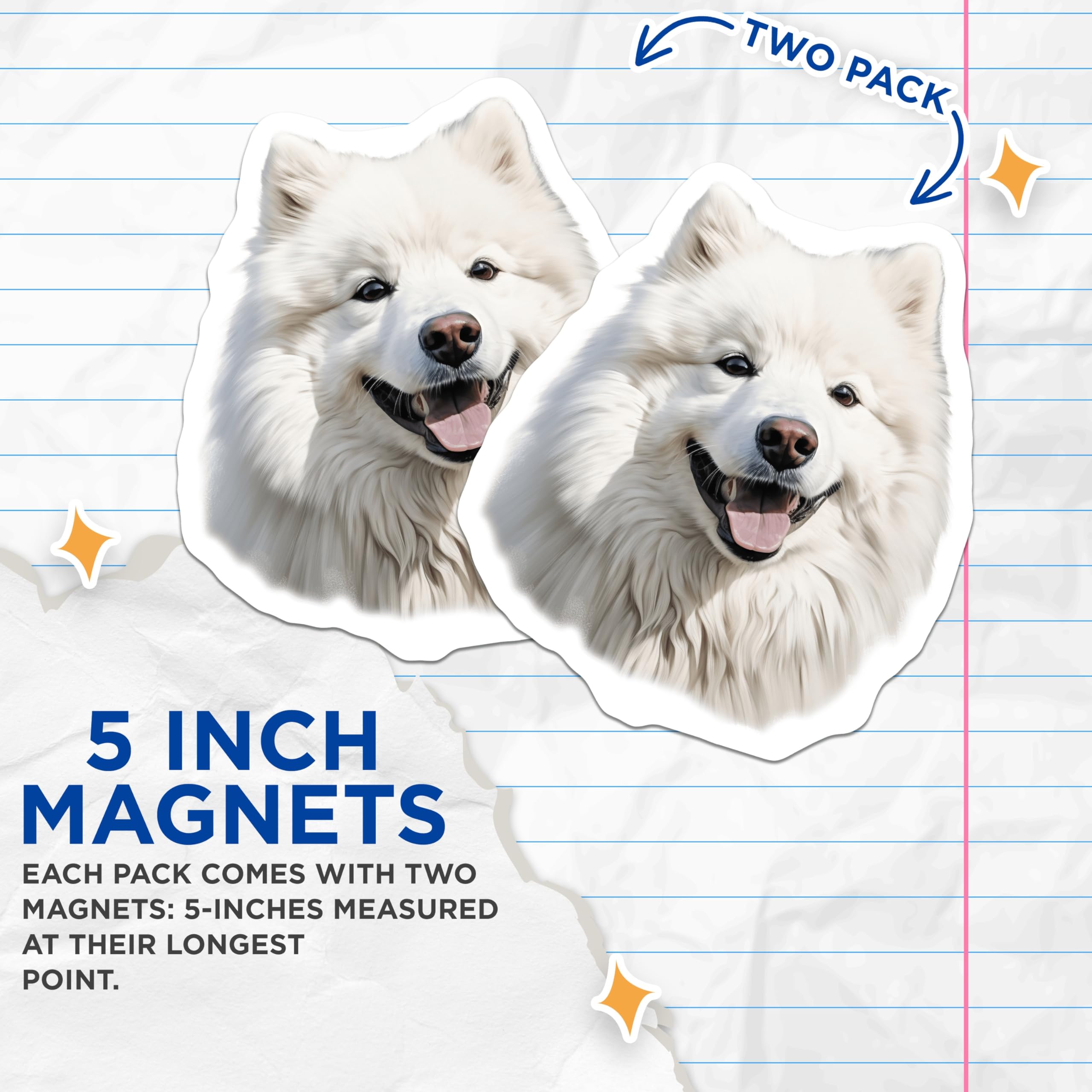 (2 Pack) Samoyed Dog Magnets - Fluffy White Dog Decor - Pet Lover Refrigerator Decor - Cute Animal Collectible - 5 Inches On Longest Side - Thick Durable Magnet - Made in USA - MAG28857