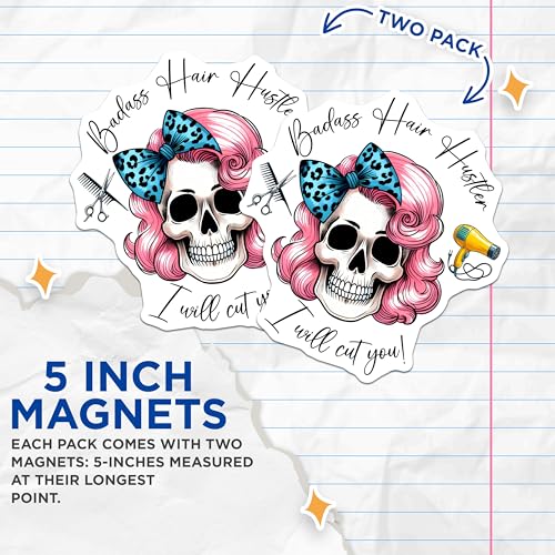 (2 Pack) Badass Hair Hustler Magnets - Skull with Pink Hair - Funny Hair Stylist Decor - Hairdresser Accessories - 5" On Longest Side - for Cars, Fridges, Toolboxes - Made in USA - MAG7572