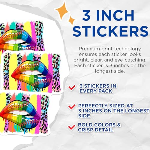 (3 Pack) Rainbow Lips Decals - Baseball Lips Decal - Leopard Print Decals - 3 Inches On Longest Side - Easy Peel & Apply - Made in USA - 3MCS7351