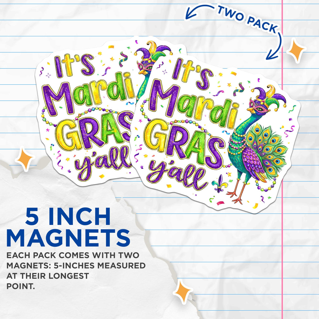 (2 Pack) Mardi Gras Magnets - Peacock Design - Carnival Home Decor - 5" On Longest Side - Premium Magnet - for Cars, Refrigerators, Toolboxes, Lockers - Made in USA - MAG16957