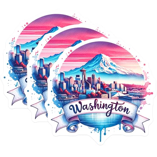 (3 Pack) Washington State Decals - Seattle Skyline - Mount Rainier- 3 Inches On Longest Side - Easy Peel & Apply - Made in USA - 3MCS5925