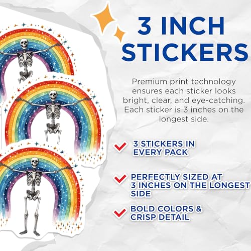 (3 Pack) Rainbow Skeleton Decals - Colorful Macabre Art - Unique Laptop Decals- 3 Inches On Longest Side - Easy Peel & Apply - Made in USA - 3MCS5930