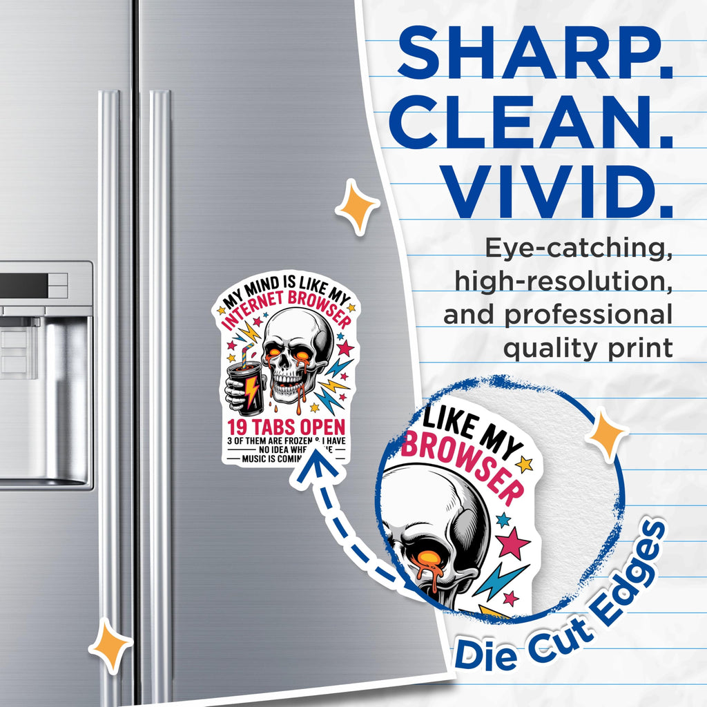 (2 Pack) Internet Browser Magnets - My Mind is 19 Tabs Open Skull Art - Relatable Tech Humor Refrigerator Magnet - 5 Inches On Longest Side - Thick Durable Magnet - Made in USA - MAG23069