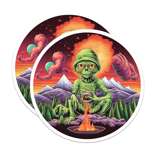 (2 Pack) Alien Forest Adventure Stickers - Psychedelic Alien Art - Unique Sci-Fi Stickers - 5" On Longest Side - Sticks to Smooth Flat Surfaces - Made in USA - BMCS4068