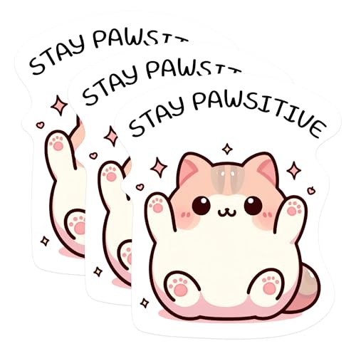 (3 Pack) Stay Pawsitive Decals - Cute Cat Illustration - Optimistic Kitten Decak - 3 Inches On Longest Side - Easy Peel & Apply - Made in USA - 3MCS1114