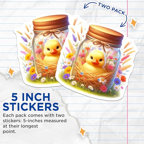 (2 Pack) Cute Duckling in Mason Jar Stickers - Adorable Animal Decal - Cute Springtime Sticker - 5" On Longest Side - Sticks to Smooth Flat Surfaces - Made in USA - BMCS9389