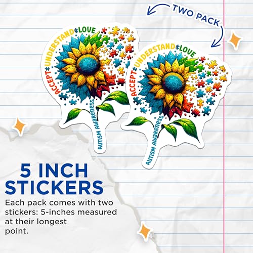 (2 Pack) Sunflower Autism Awareness Stickers - Puzzle Piece Stickers - Accept Understand Love Stickers - 5" On Longest Side - Sticks to Any Smooth Flat Surface - Made in USA - BMCS3572