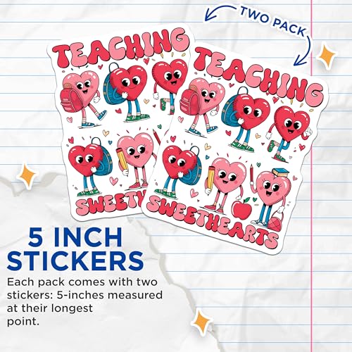 (2 Pack) Teaching Sweethearts Stickers - Teacher Appreciation - Cute Heart Character - 5" On Longest Side - Sticks to Smooth Flat Surfaces - Made in USA - BMCS7651
