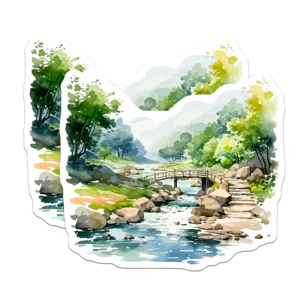 (2 Pack) Watercolor Landscape Magnets - Serene River Bridge Art - Peaceful Japanese Garden Aesthetic Home Decor - 5 Inches On Longest Side - Thick Durable Magnet - Made in USA - MAG19770