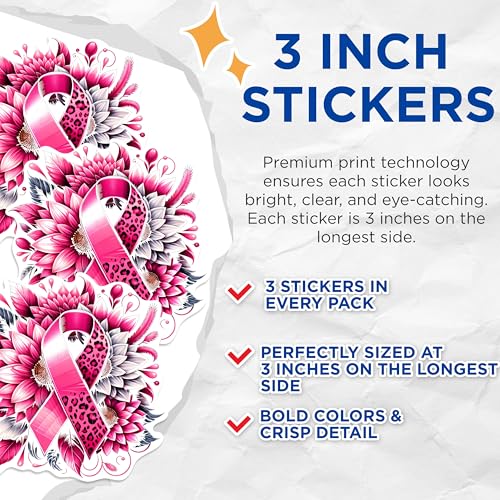 (3 Pack) Pink Ribbon Decals - Breast Cancer Awareness - Laptop Decals - 3 Inches On Longest Side - Easy Peel & Apply - Made in USA - 3MCS0965