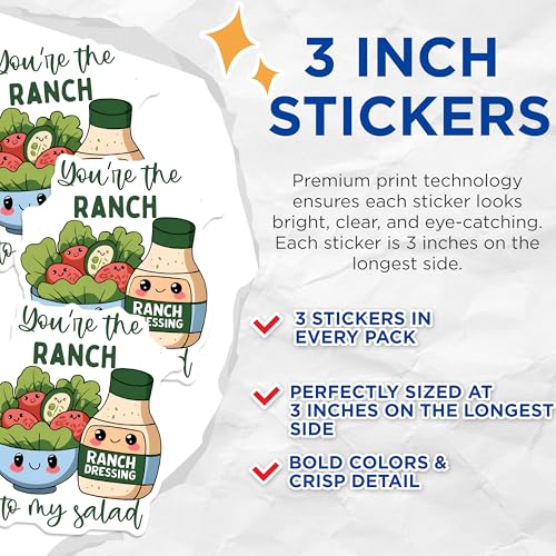 (3 Pack) Ranch Dressing Decals - Cute Food Decal - Funny Salad Decals - 3 Inches On Longest Side - Easy Peel & Apply - Made in USA - 3MCS4046
