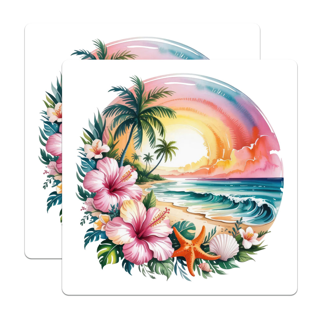 (2 Pack) Tropical Beach Scene Magnets - Watercolor Sunset Decor - Hawaiian Hibiscus Starfish Wave - 5 Inches On Longest Side - Thick Durable Magnet - Made in USA - MAG36480