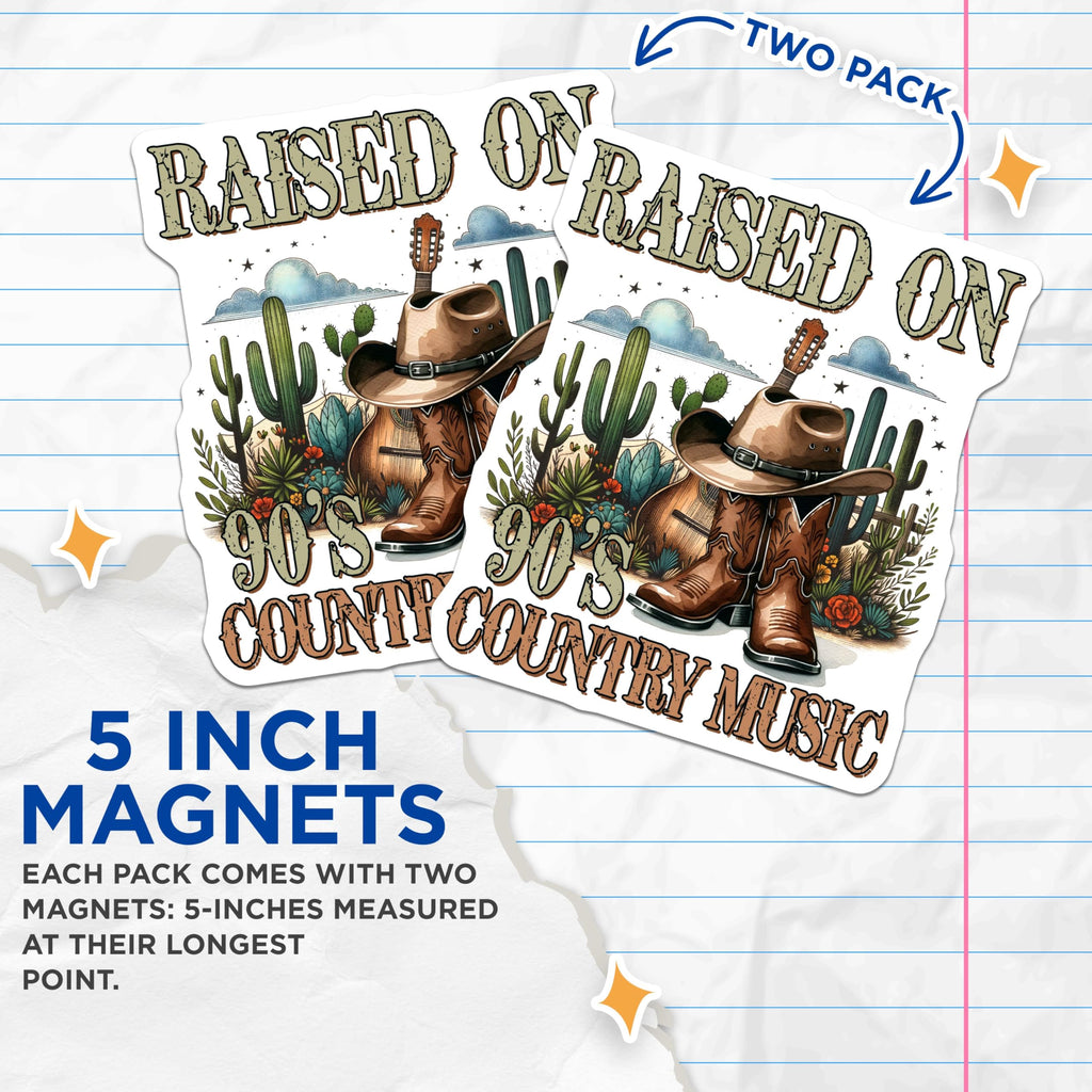 (2 Pack) Raised On 90s Country Music Magnets - Guitar and Cowboy Boot - Country Music Lover Decor - 5" On Longest Side - for Cars, Refrigerators, Toolboxes, Lockers - Made in USA BMCS3159