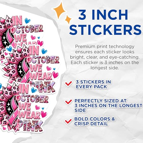 (3 Pack) Breast Cancer Decals - Pink Ribbon Decal - October Awareness Decal - 3 Inches On Longest Side - Easy Peel & Apply - Made in USA - 3MCS1309